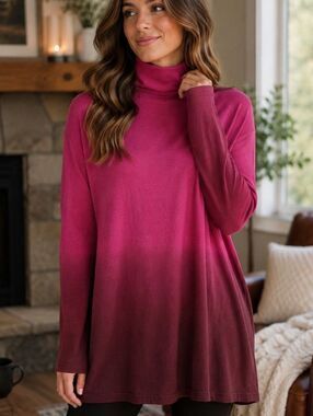 New Nic+Zoe 1X $188 Pink Maroon Ombre Cashmere Blend Mock Neck Tunic Sweater